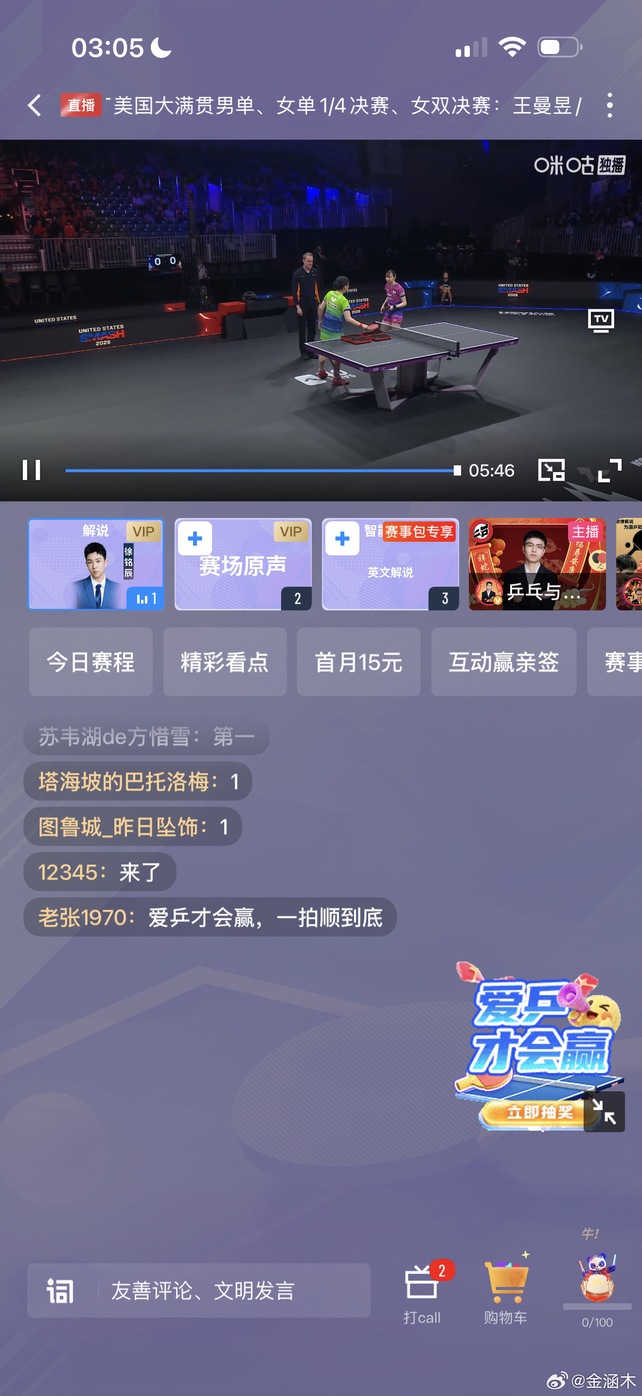 03:00 早田希娜vs张本美和张本美和+5 早田+8谁赢就不知道了，天时大差不