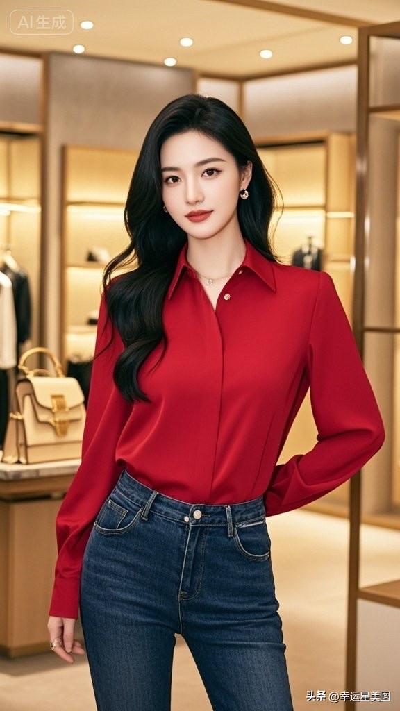这位女士穿着红色衣服，看着镜头微笑。