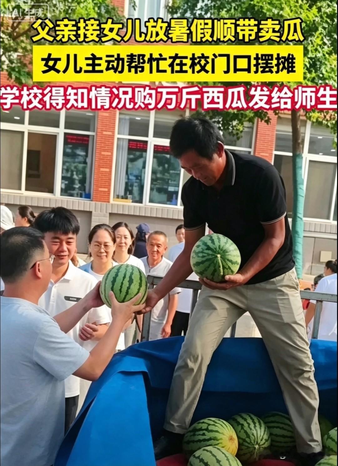 瓜农父亲拉
万斤西瓜接女儿离校，
校门口摆摊，学校做法尽显格局…
 
开封瓜农大
