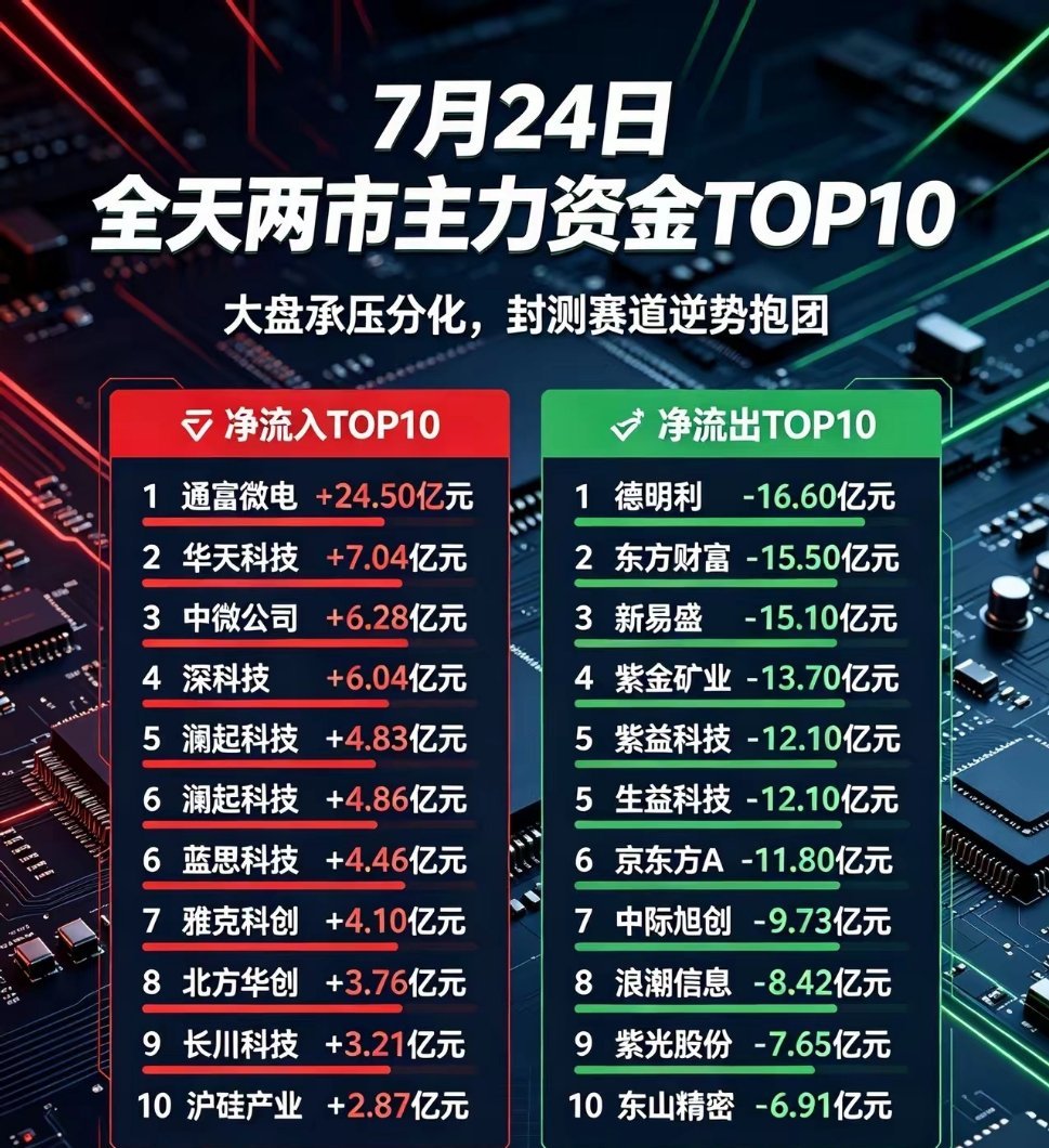 全天两市主力资金TOP10（单位：亿元）🔴净流入TOP10（金额红色）1. 通