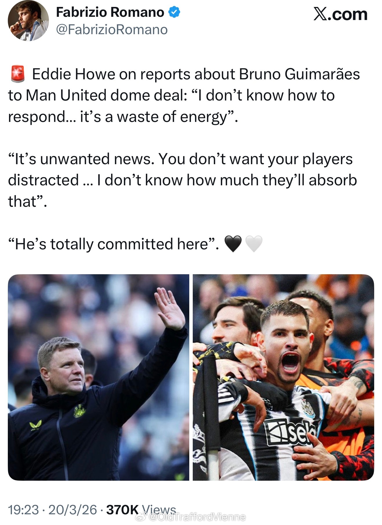 艾迪豪回应球员与曼联绯闻：不知道有什么要回应的，浪费精力。不想看到的新闻，因为不