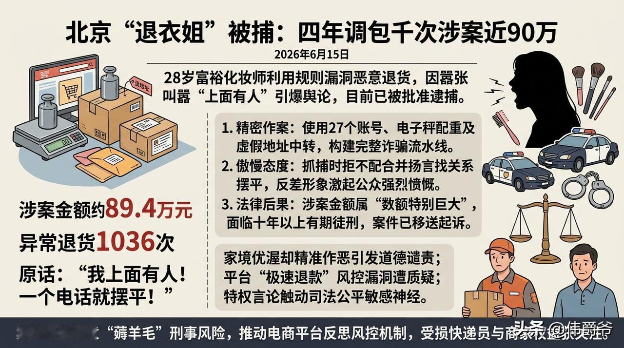 北京28岁化妆师史某因四年间利用27个账号以旧衣、石块调包退货1036次、涉案8