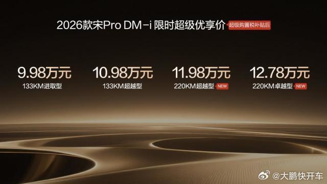 2026 款宋 Pro DM-i 长续航版正式定调：11.98 万起，纯电续航直