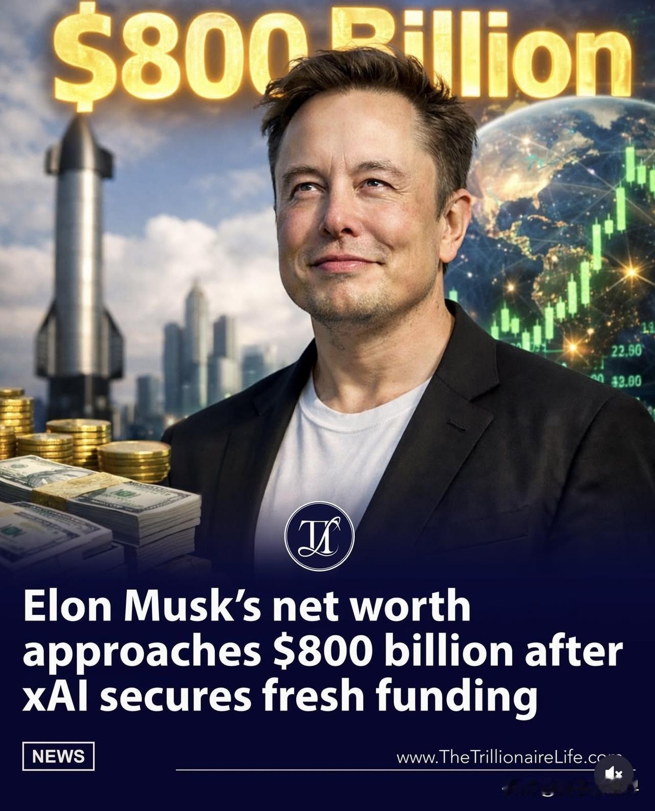 伊隆•马斯克正接近8,000亿美元的净资产。
	
Elon Musk is ed