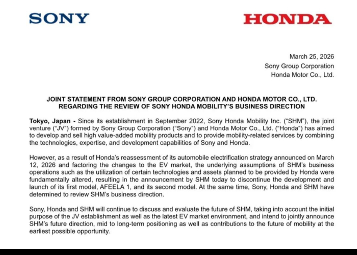 本田索尼叫停电动车合资项目 索尼与本田联合宣布，终止Afeela电动车开发上市计