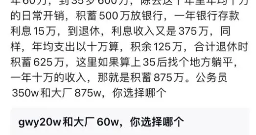 公务员一年20万，干到退休700万；大厂一年60万，干到裁员600万；除去开支到退休，公务员350万