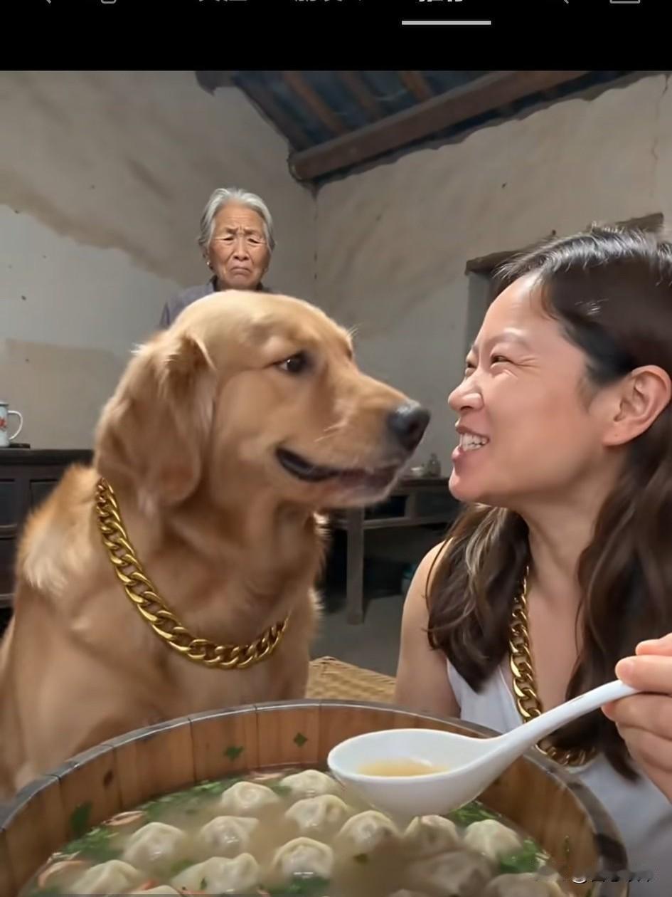 视频里的妇女，跟狗同吃一大碗混沌，看看那个亲热劲。
她一口一个宝贝地叫着，对狗说