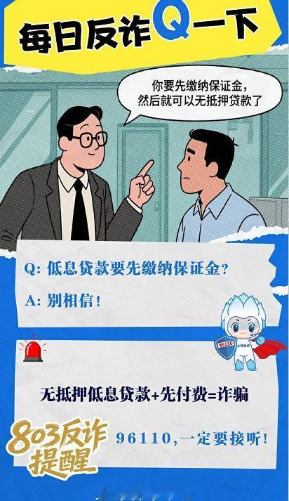 反诈提醒：无抵押低息贷款+先付费=诈骗via：刑警803上海 法治达州