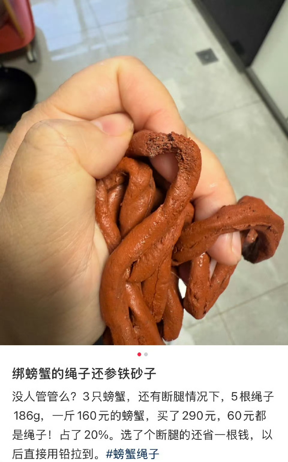 230元买螃蟹60元买绳子这个绳子跟海绵一样会吸水 