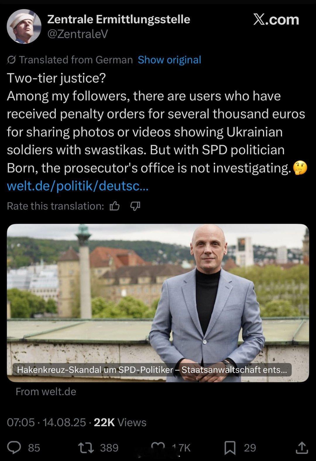 德国对 10 名用户处以罚款，因为他们发布了带有纳粹标志的乌克兰士兵图片。那是不