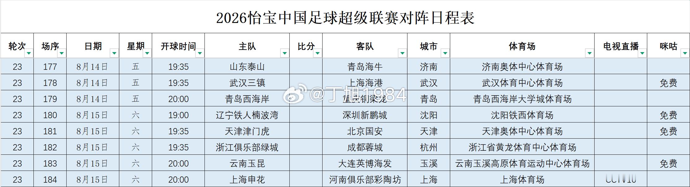 2026怡宝中国足球超级联赛第23轮转播计划表中超联赛中超大连英博中超联赛