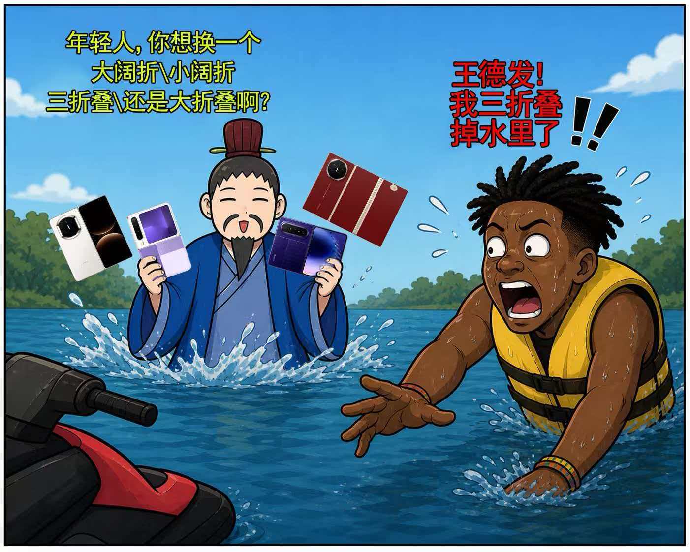 甲亢哥在深圳买的手机掉海里了 要是捞不出来的话，可以买个新的大阔折