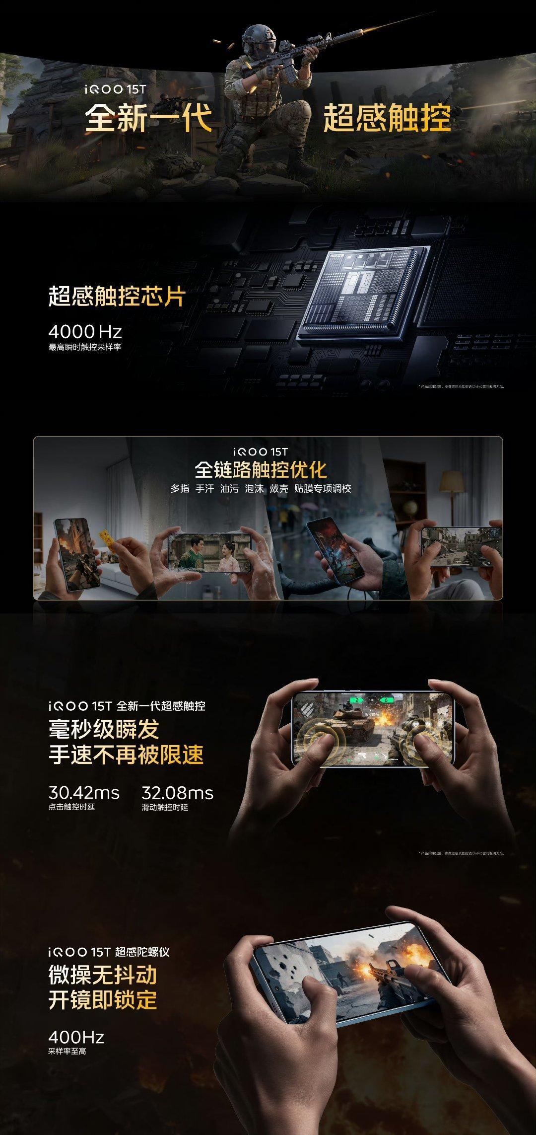 iQOO15T新一代超感操控①超感触控芯片拥有至高4000Hz瞬时触控采样率，配
