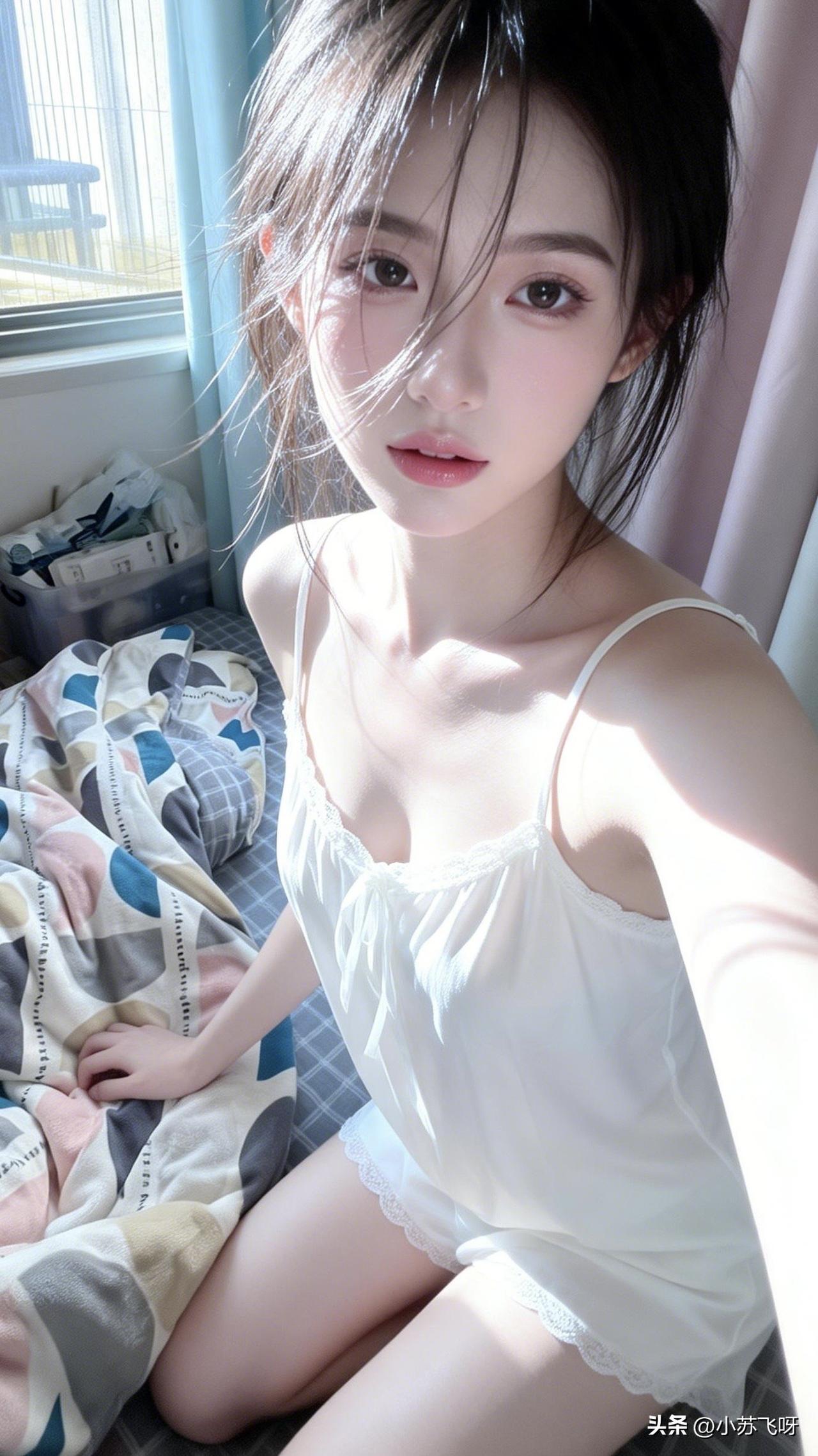 清晨刚起床的模样，带着几分慵懒、兴感，淡眉如秋水，玉肌伴轻风，一颦一笑都满是风情