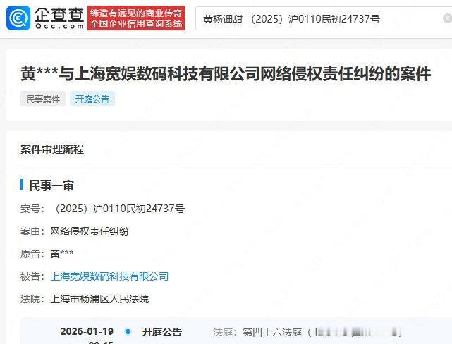 【黄杨钿甜维权案将开庭】黄杨钿甜起诉B站 企查查APP显示，近日，法院公开黄杨钿