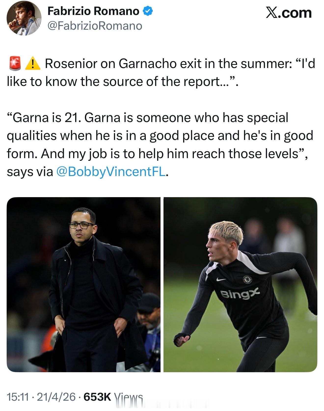 切尔西教练被问及加纳乔夏天可能被出售：“这消息哪儿来的？加纳乔属于有能力的球员，