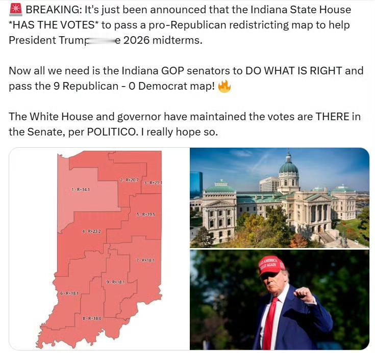 美印第安纳州州议会宣布已有足够票数通过一项有利于共和党的重新划分选区地图，以助特