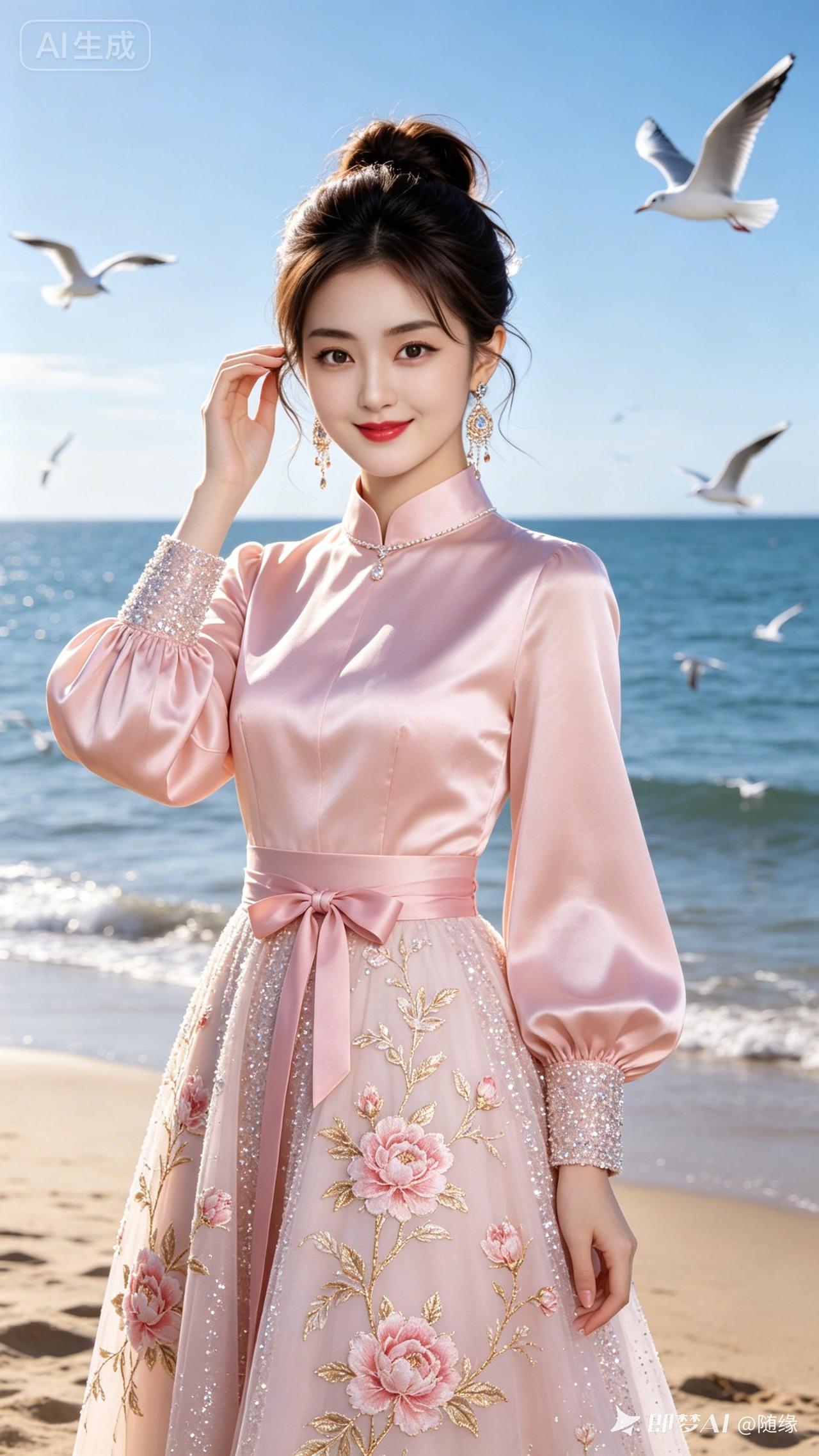 海边风太大，这位姐姐发型有点凌乱。