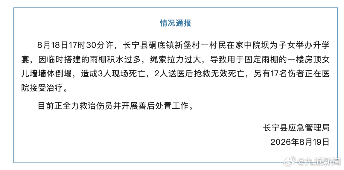 #升学宴事故致5死系女儿墙倒塌#【#官方通报升学宴事故致5死17伤#：因临时搭建