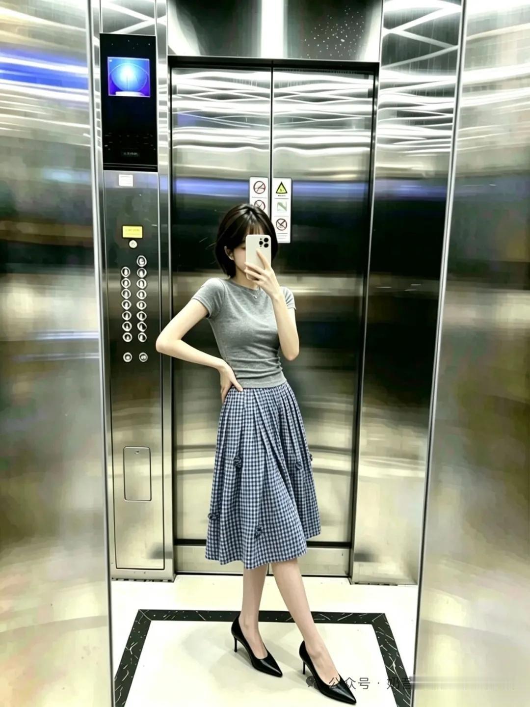 电梯里拍自拍，裙子好长啊。