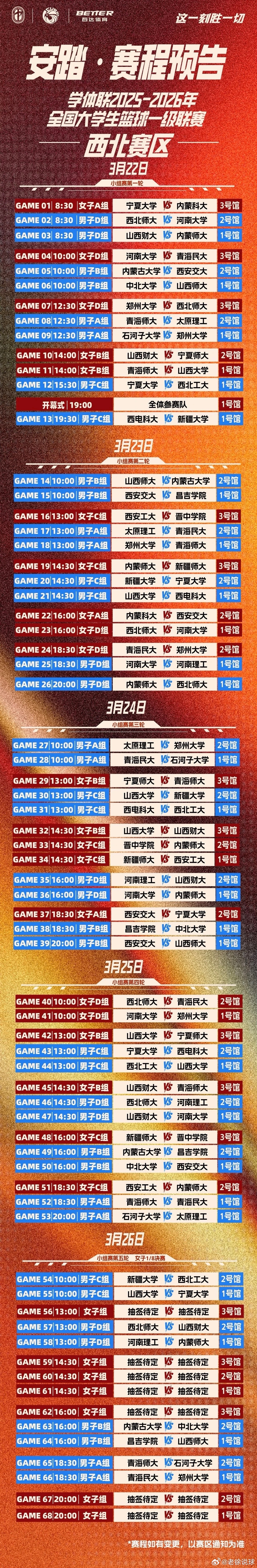 CUBAL西北赛区小组赛赛程出炉！河大，郑大，河理，加油！！老徐说球之旅河南篮球