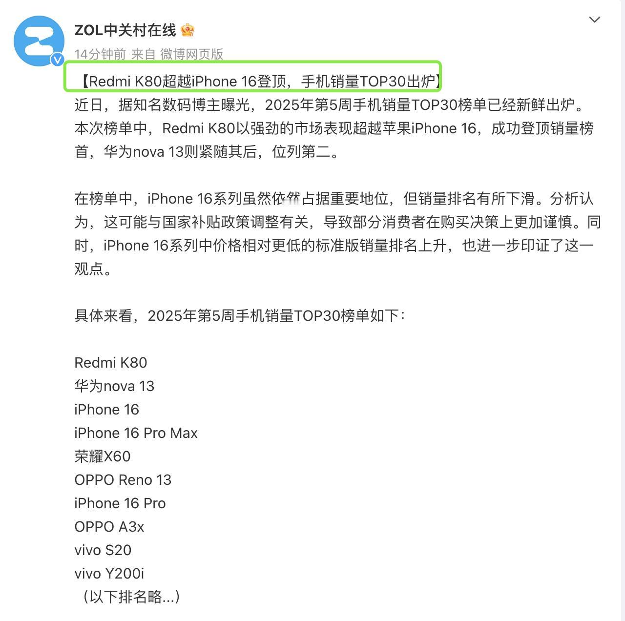 最新手机销量排行榜曝光！红米K80超越了iPhone16，华为nova13排第二