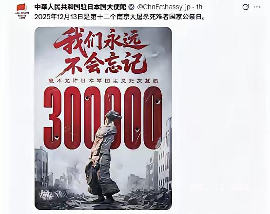 这次我们一个日本字都没写！中国驻日大使馆今天（12月13日）发文写道：2025年