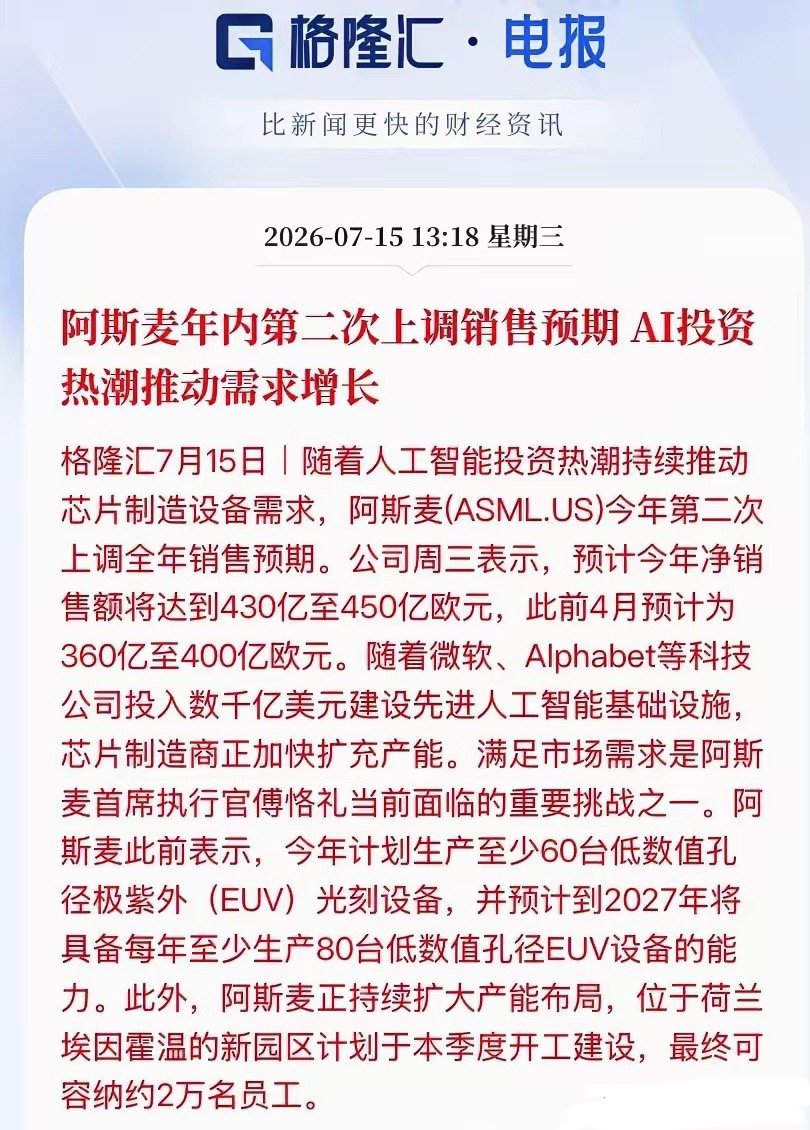 别争论AI行情见顶与否，光刻机龙头ASML二次上调全年业绩，直接实锤半导体设备景