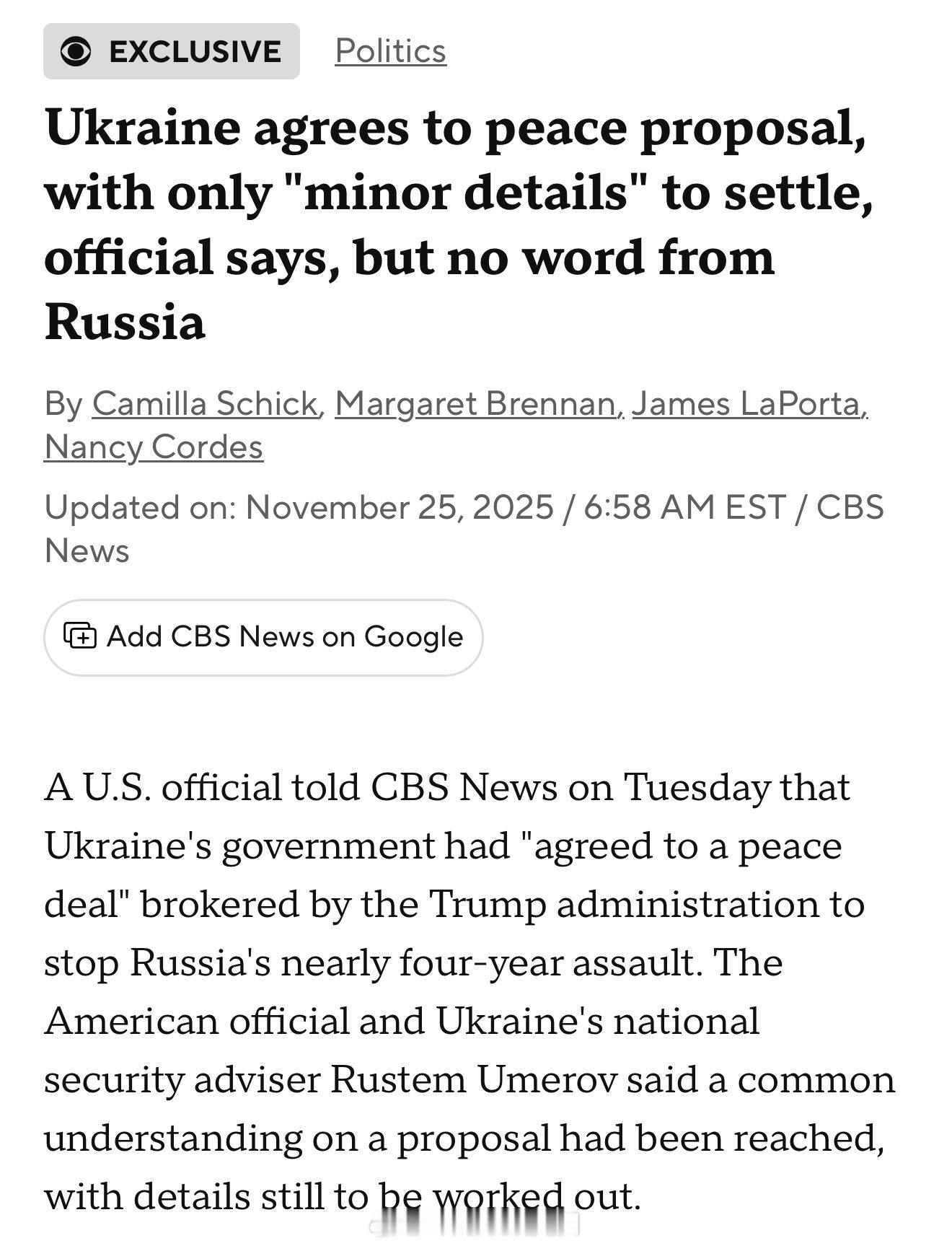 美国一名官员表示，乌克兰已同意和平协议的主要内容，但仍有一些细节需要敲定。乌克兰