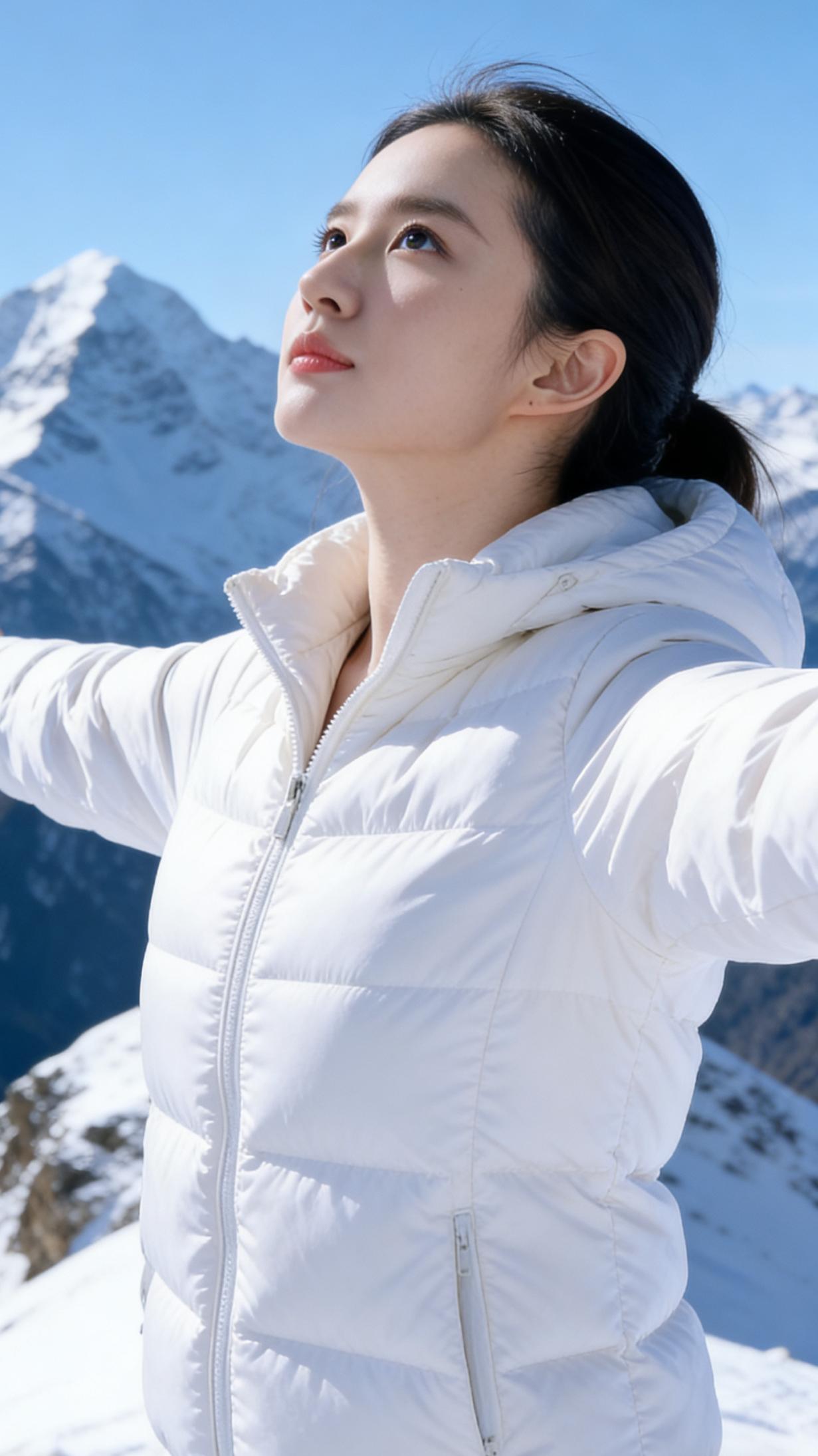 雪粒扑在羽绒服上，瞬间就化在暖融融的面料里。她站在山巅，张开双臂，像要把眼前的雪