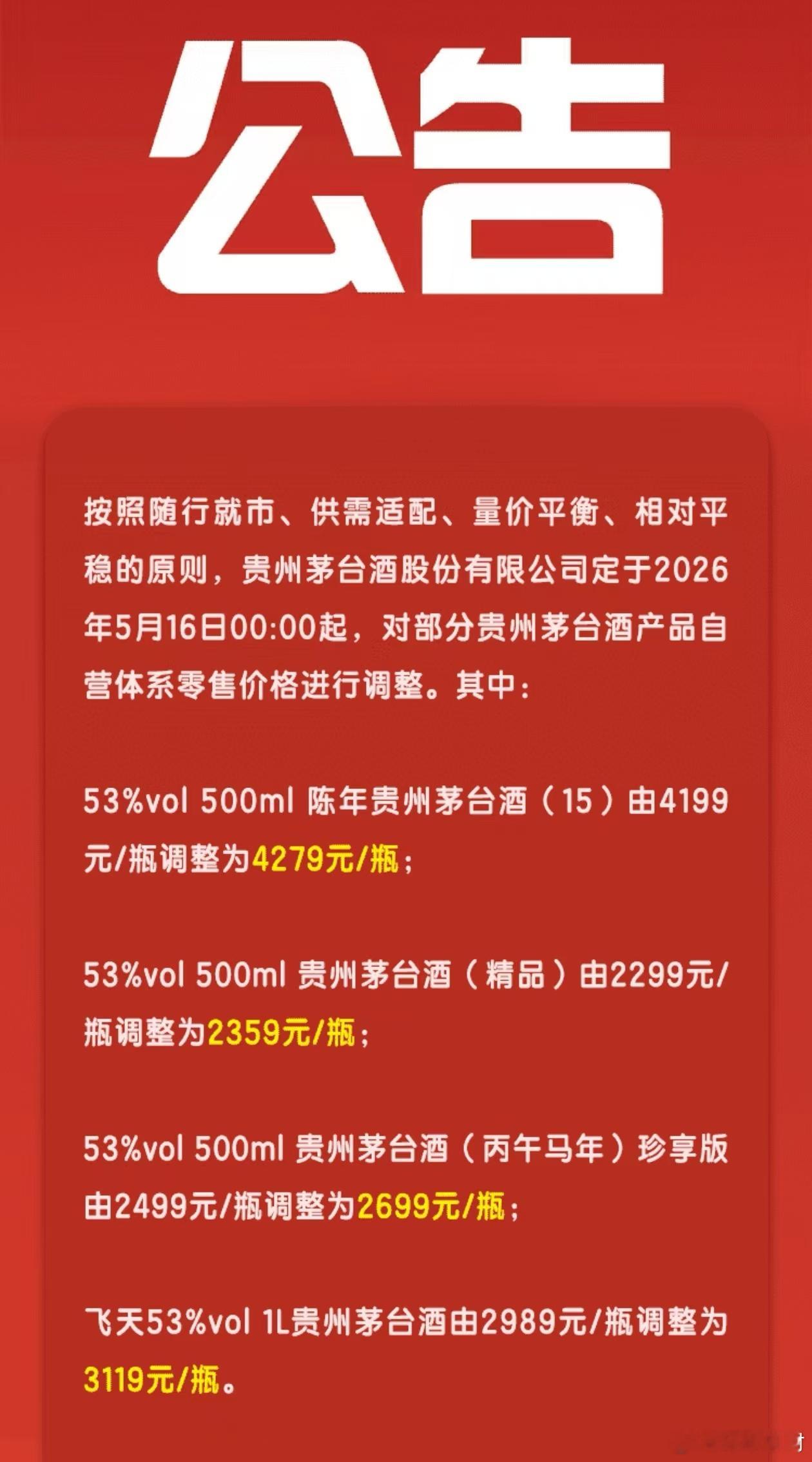 茅台凌晨公告涨价茅台涨价公告【马茅涨200元！茅台多款产品提价，不涉飞天】5月1