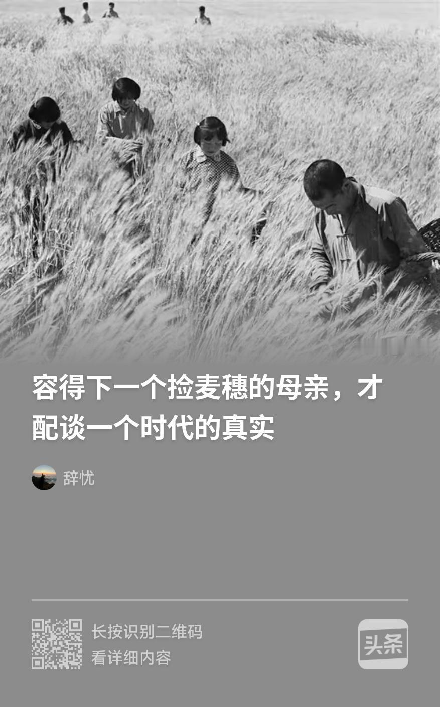 辞扰的“容得下一个捡麦穗的母亲，才配谈一个时代的真实”（下图），就是说的莫言“母