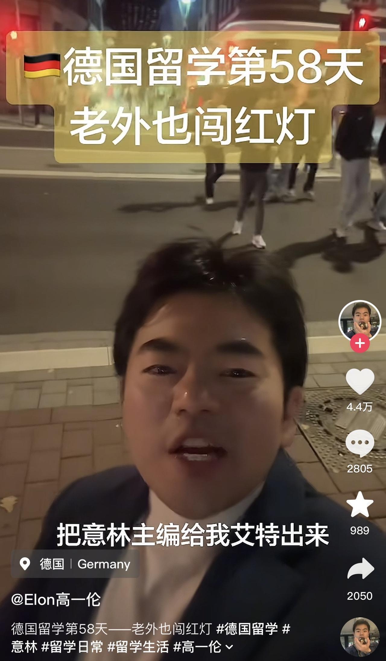 “把意林主编给我艾特出来，谁说老外不闯红灯的！”
这位网友来到德国之后，在街头看
