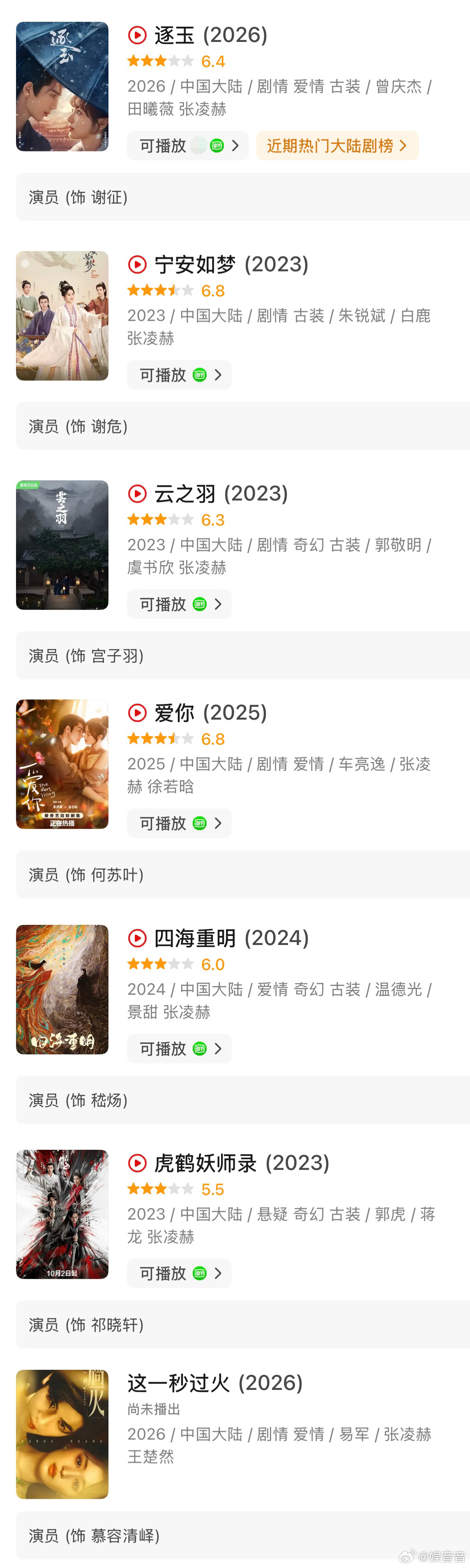 张凌赫出道6年7部爱奇艺男主剧 从长珩仙君的惊鸿一瞥，到谢危的疯批深情，再到谢征