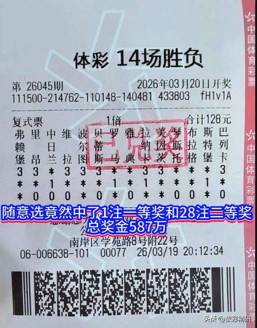 3月20日足彩14场胜负游戏第26045期开奖，全国唯一一注一等奖惊艳诞生，花落