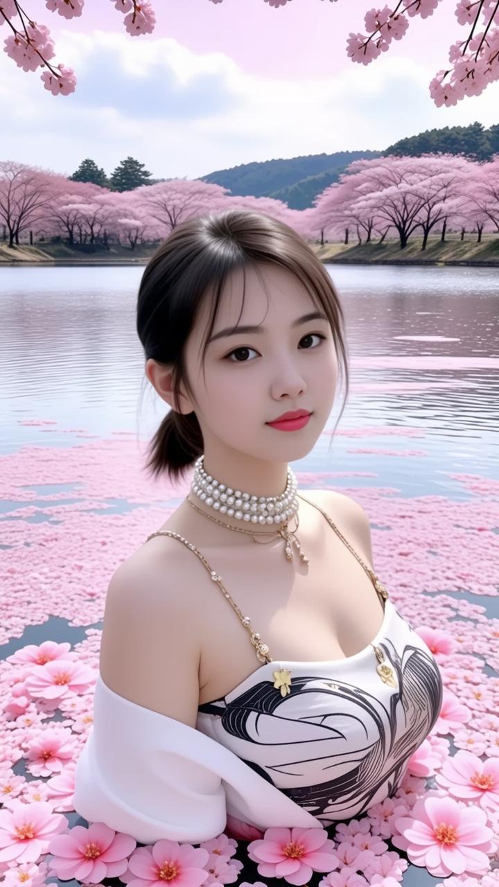 樱花盛开，少女如画，湖畔漫步，春意盎然。