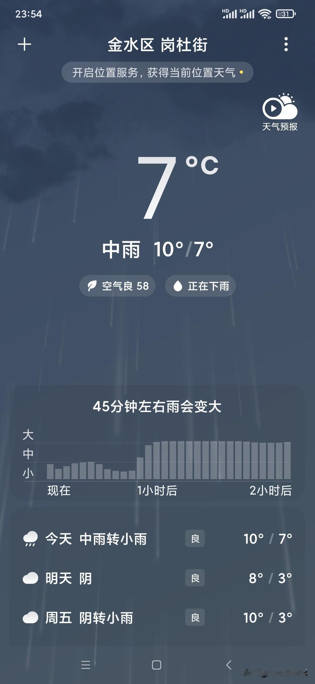现在是夜里23点52分，外面的雨已经停了快一个小时了！还没有停下来的意思，说是小