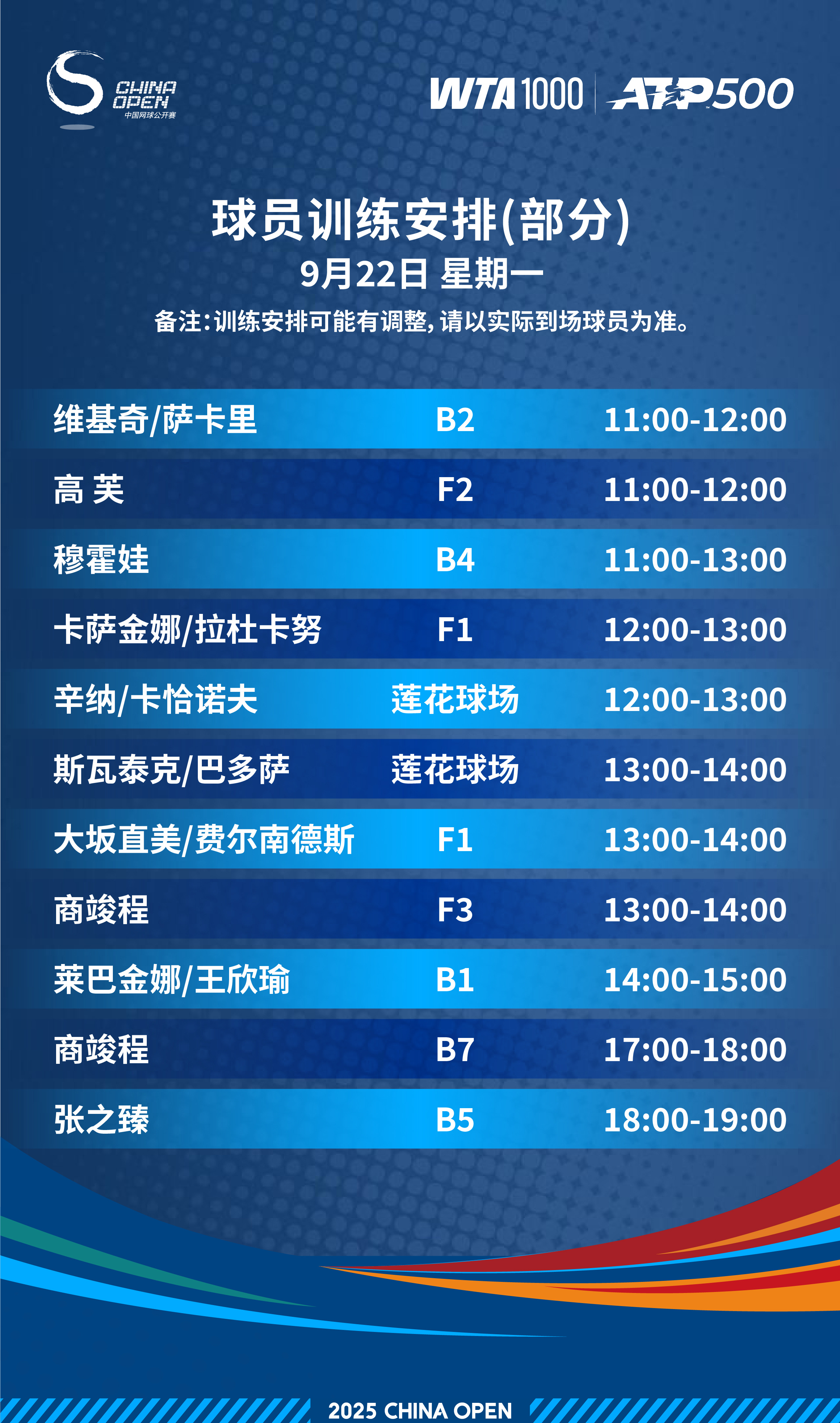 🔥9月22日中网部分球员训练安排来啦！👀快来围观球员们的赛场风采吧～2025