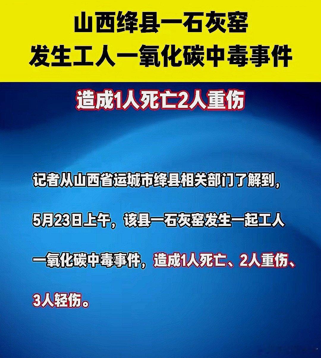 中国大陆山西省运城市绛县一石灰窑发生工人一氧化碳中毒事件，导致一人死亡，二人重伤