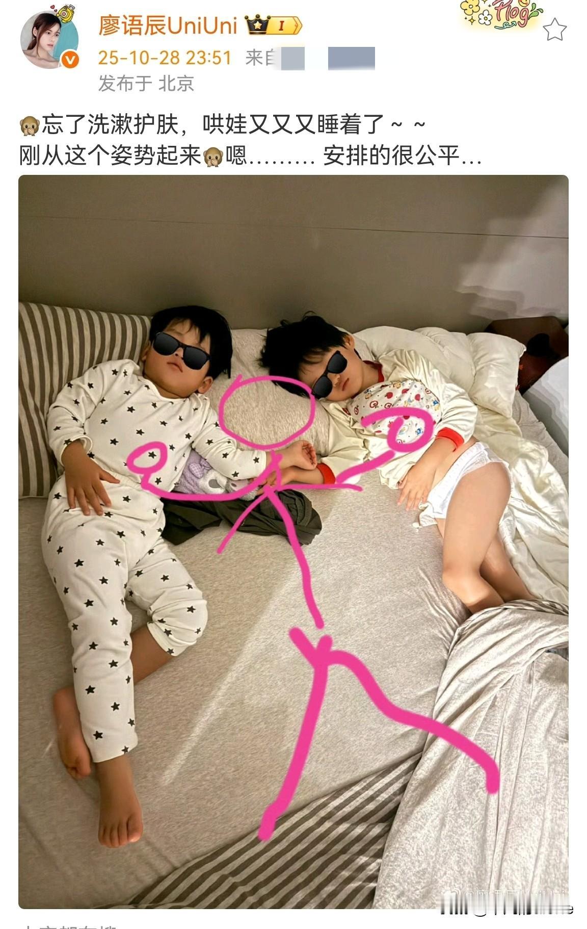 10月28日，苏醒妻子廖语辰发文说：“忘了洗漱护肤，哄娃又又又睡着了。刚从这个姿