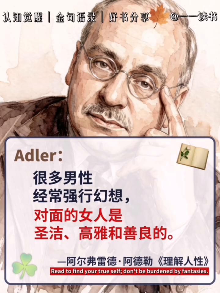 认知觉醒|金句语录|好书分享。
Adler：很多男性经常强行幻想，对面的女人是圣