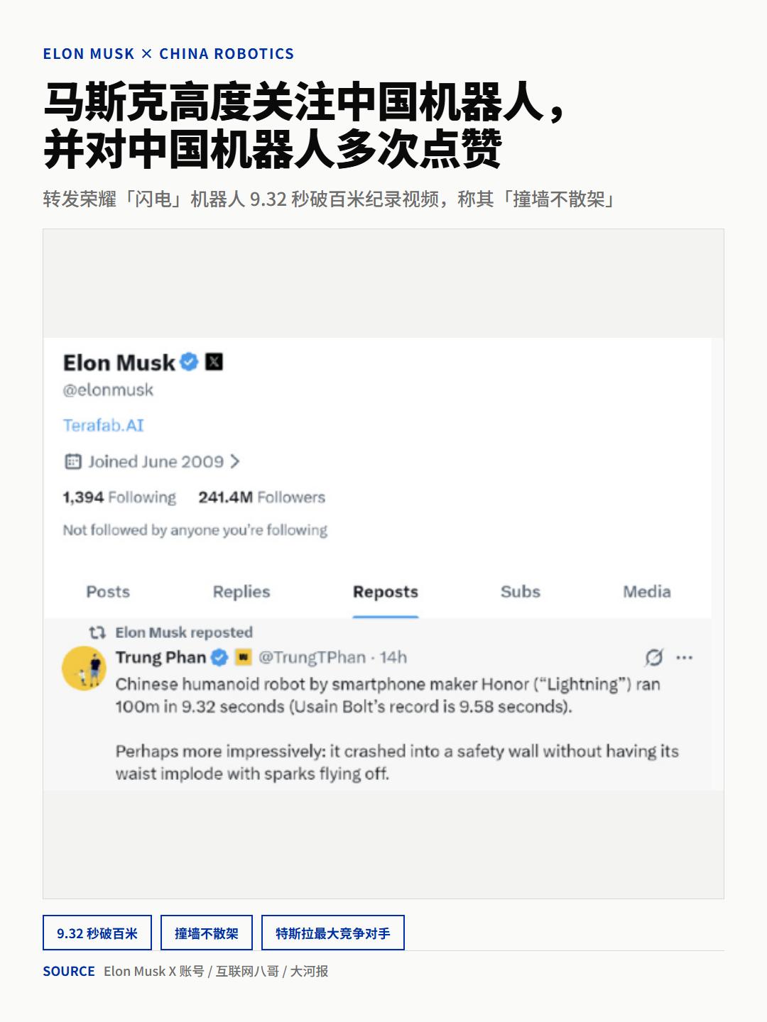 马斯克又转发中国机器人，这次是荣耀"闪电"。
8月23日他转帖：荣耀"闪电"9.