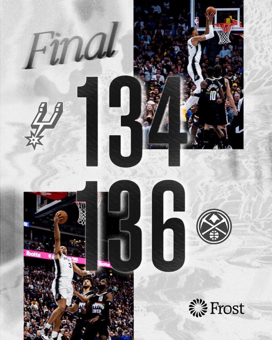 4月5日NBA常规赛战报（3场）：

马刺134-136掘金
奇才136-152