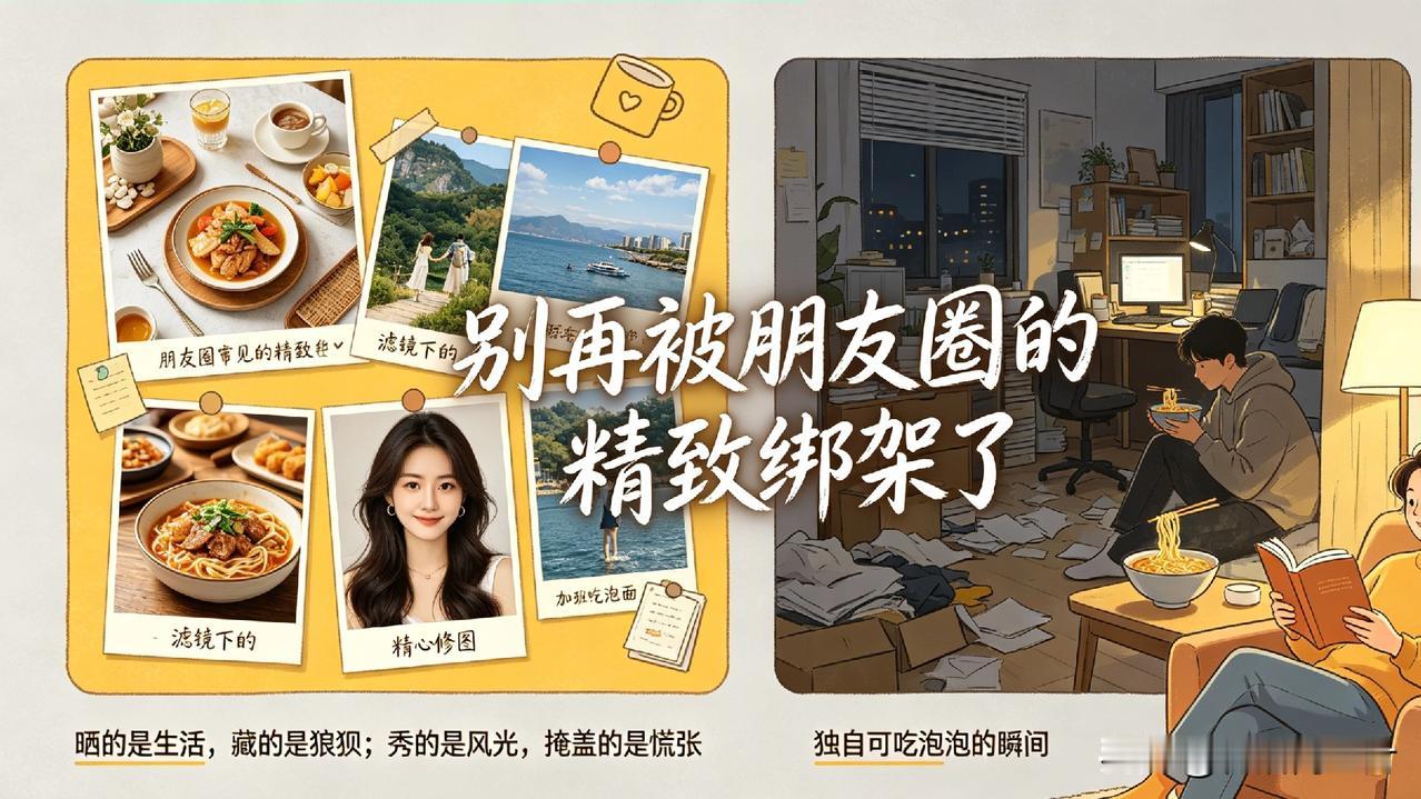 别再被朋友圈的精致绑架了。很多人晒的是生活，藏的是狼狈；秀的是风光，掩盖的是慌张