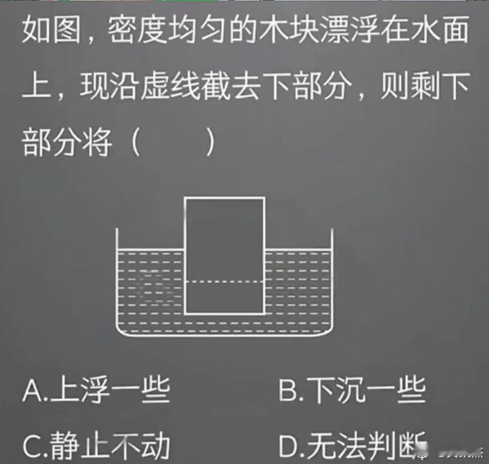 考考你们的物理：如图，密度均匀的木块漂浮在水面上，现沿虚线截去下部分，则剩下部分