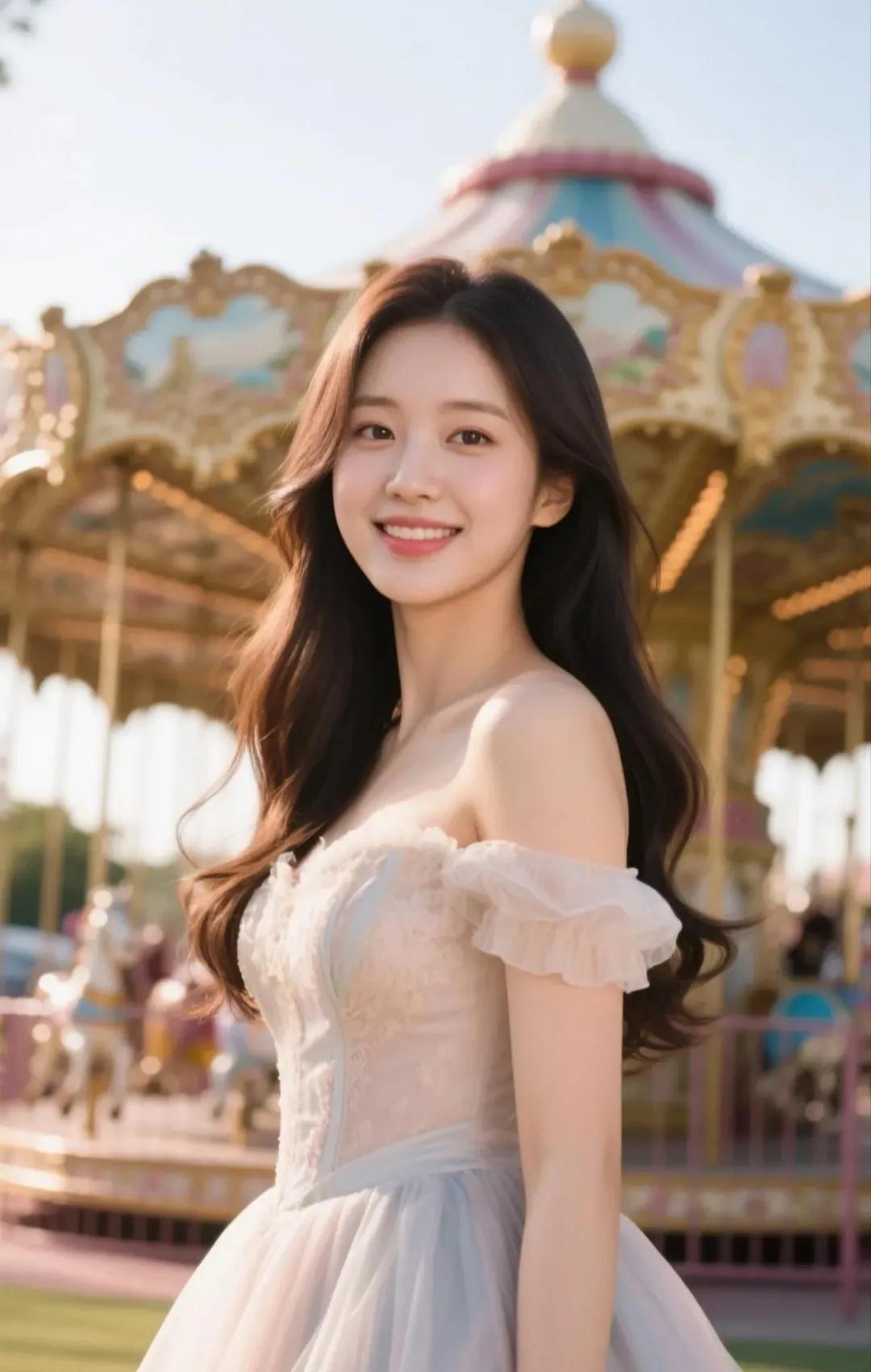 梦幻旋转木马前的甜美少女🌟✨