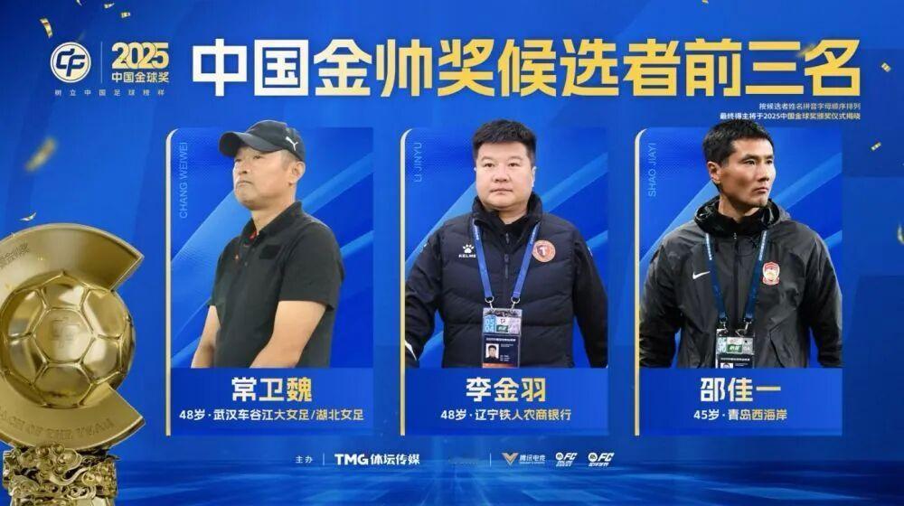 2025中国金球奖候选人前三名名单22日公布，吴曦、蒋光太和韦世豪入围。评选中，