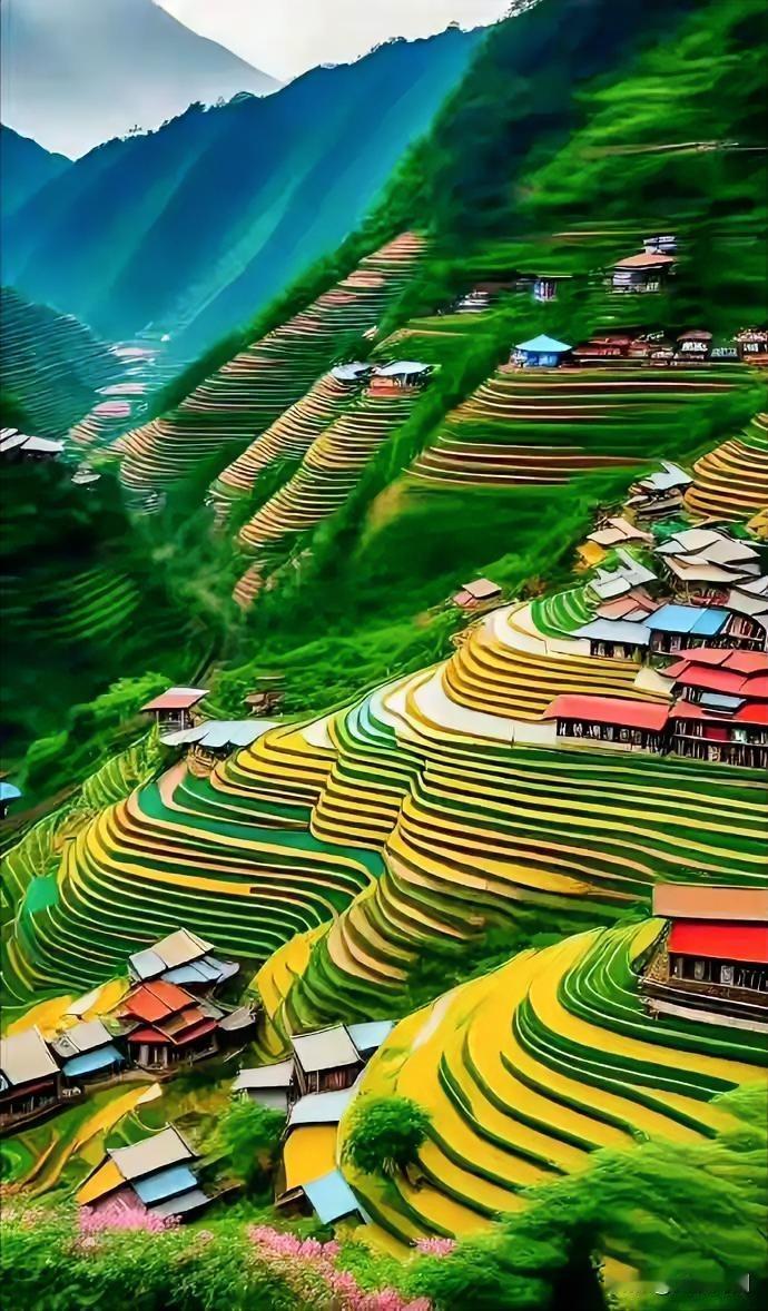 赏梯田
层层梯垄绘山川，五彩斑斓映碧天。
水镜含云波潋滟，田畴染翠影蹁跹。
风梳