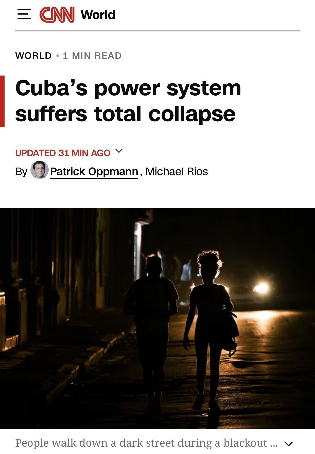 美媒：古巴电力系统面临彻底瘫痪

美国有线电视新闻网(CNN)官网当地时间3月1