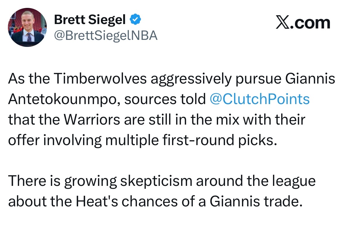 森林狼领跑字母哥，勇士还在坚持，热火被质疑交易决心。 